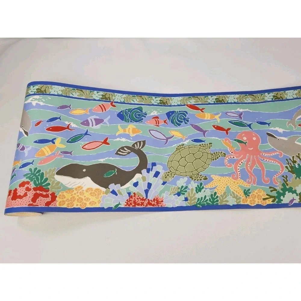Vintage Laura Ashley Under The Sea Border Wallpaper Ocean Bathroom Dolphins Fish